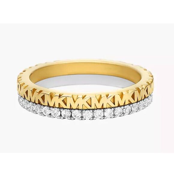 Michael Kors 14K Gold Vermeil Ring (Size 7)MK Logo Luxury Fashion Crystal NWT - Picture 1 of 16